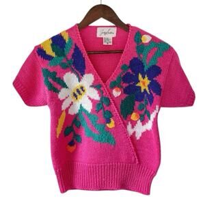 Vintage 90s Jaclyn Smith Floral Knit Sweater | Dopamine Dressing Barbie Pink | S